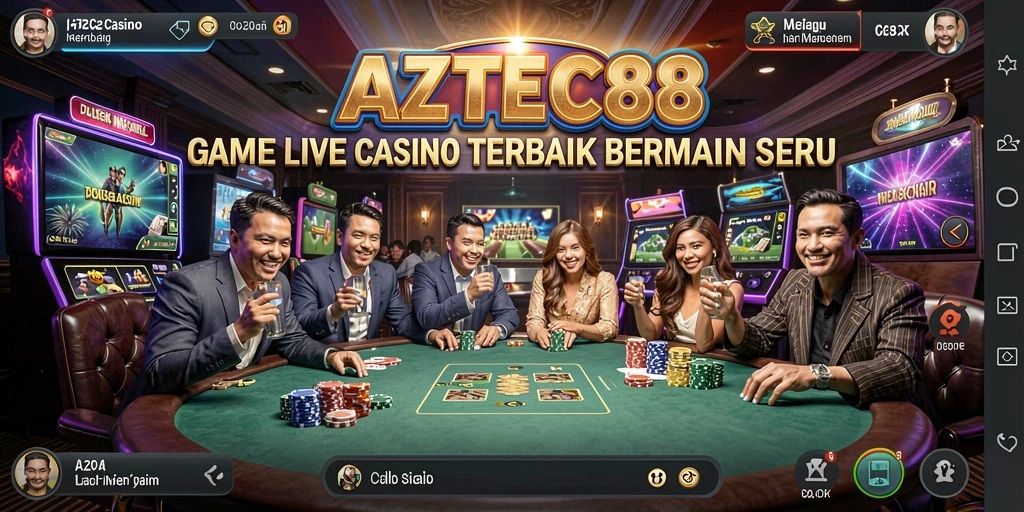 Screenshot gameplay AZTEC88 dengan dealer langsung dan suasana kasino yang menarik.