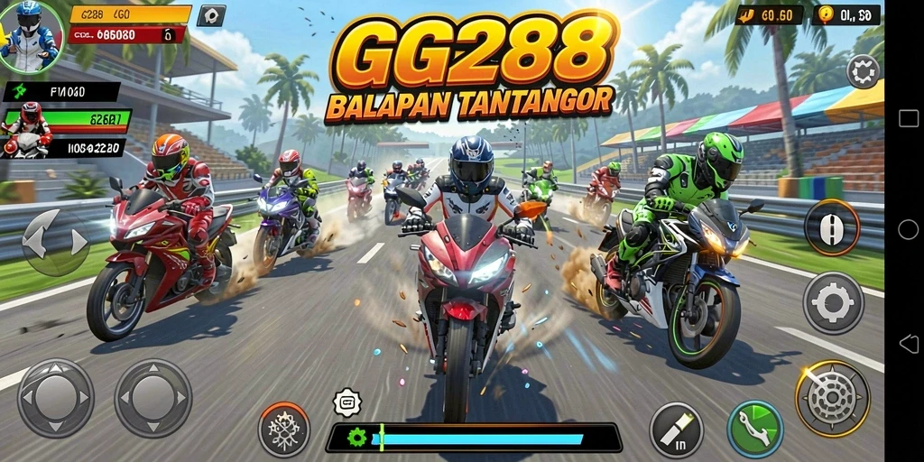Tangkapan layar GG288 menampilkan balapan motor seru di lintasan berwarna-warni.