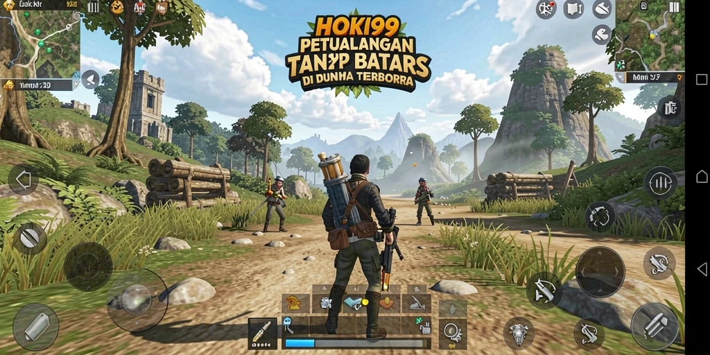 Screenshot menunjukkan karakter utama menjelajahi dunia HOKI99 yang luas.