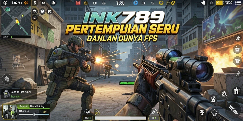 Screenshot menampilkan adegan pertempuran intens di game FPS INK789.