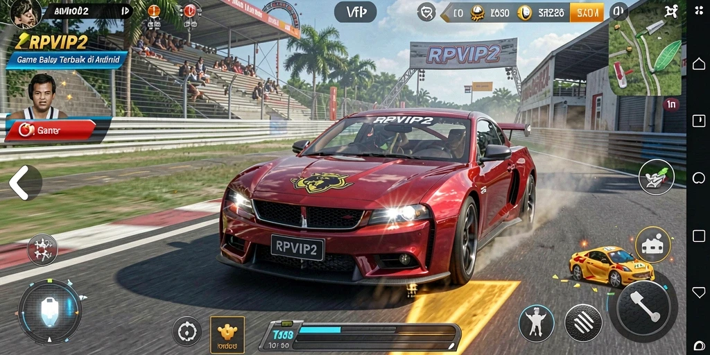 Tampilan gameplay RPVIP2 dengan mobil balap yang cepat dan trek menantang.